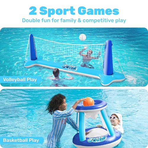 JOYIN Inflatable Volleyball Net Basketball Hoops Pool Float Set Balls Included for KidsAdults Summing Pool Game Floating Summer Floaties Volleyball Court BasketballLDark Blue - Image 5