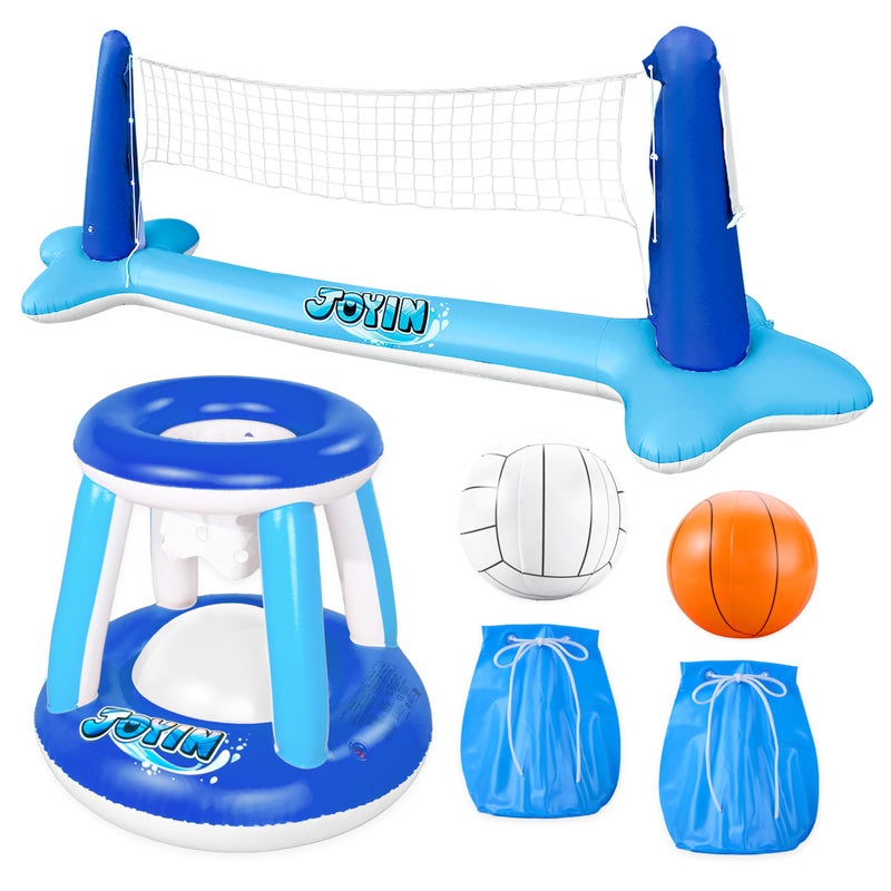 JOYIN Inflatable Volleyball Net Basketball Hoops Pool Float Set Balls Included for KidsAdults Summing Pool Game Floating Summer Floaties Volleyball Court BasketballLDark Blue - Image 2
