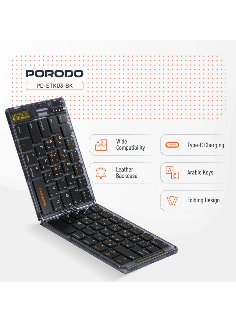 porodo Crystal Shell Wireless Keyboard / Foldable / 65keys and Arabic Language /Windows/iOS/Android/Mac Compatibility / Rechargeable / Lightweight and Compact and Folding Keyboard - Black - Image 2