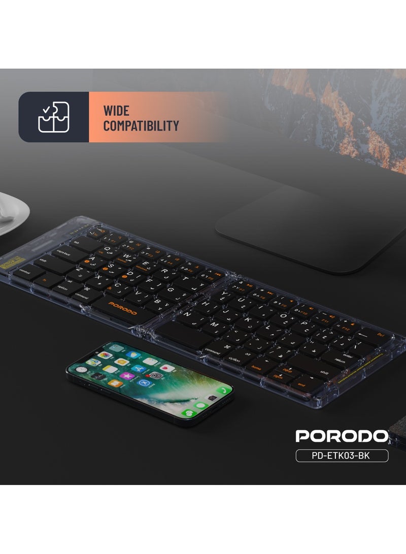 porodo Crystal Shell Wireless Keyboard / Foldable / 65keys and Arabic Language /Windows/iOS/Android/Mac Compatibility / Rechargeable / Lightweight and Compact and Folding Keyboard - Black - Image 3