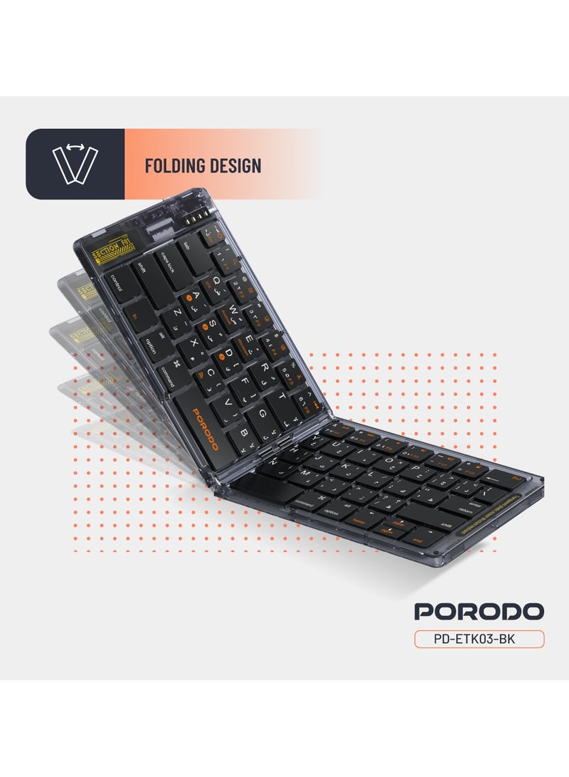 porodo Crystal Shell Wireless Keyboard / Foldable / 65keys and Arabic Language /Windows/iOS/Android/Mac Compatibility / Rechargeable / Lightweight and Compact and Folding Keyboard - Black - Image 5