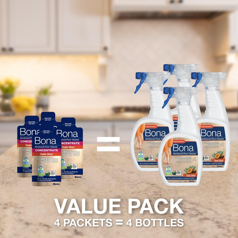 Bona Hardwood Floor Cleaner Concentrate, Cedar Wood Scent, 1 fl oz, Pack of 4 (Makes 128 fl oz) - Residue-Free Floor Cleaning Concentrate Spray Mop and Spray Bottle Refill - For Wood Floors - Image 2