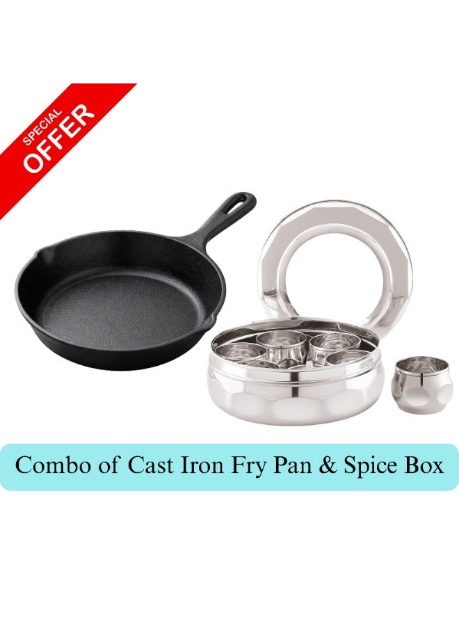 ديسينت ديسنت كومبو سِت – كاست آيرن فراي بان 20 سم + دايموند كت ستينلس ستيل سبايس بوكس 12.5 إنش (7 كبس) | بري سيزَند ناتشُرَلي نون ستك | جاز، إندكشن آند أوفن كومباتبل - Image 1