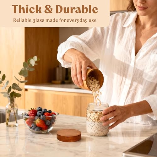EDELHAUS Overnight Oats Containers with Lids Acacia (4 x 16oz) Glass Jars for Oatmeal, Meal Prep, Food Storage | Leak-Proof Mason Jars for Oats, Cereal, Yogurt, Chia Pudding [Thicker Glass 3mm] - Image 3