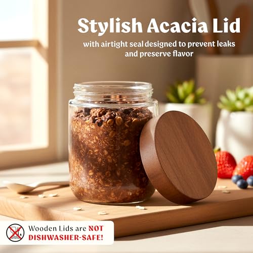 EDELHAUS Overnight Oats Containers with Lids Acacia (4 x 16oz) Glass Jars for Oatmeal, Meal Prep, Food Storage | Leak-Proof Mason Jars for Oats, Cereal, Yogurt, Chia Pudding [Thicker Glass 3mm] - Image 4