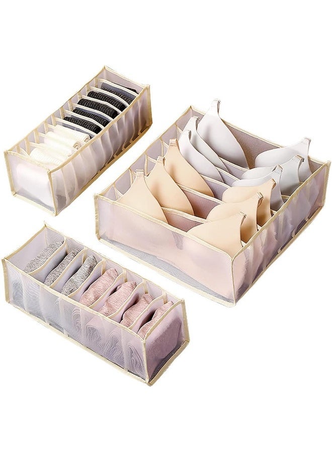 ECVV 3 Pieces Wardrobe Clothes Organizer, Mesh Clothes Storage Organizer For Jeans Pants Bra Underwear Socks, Foldable Drawer Organizers For Clothing Beige - Image 2
