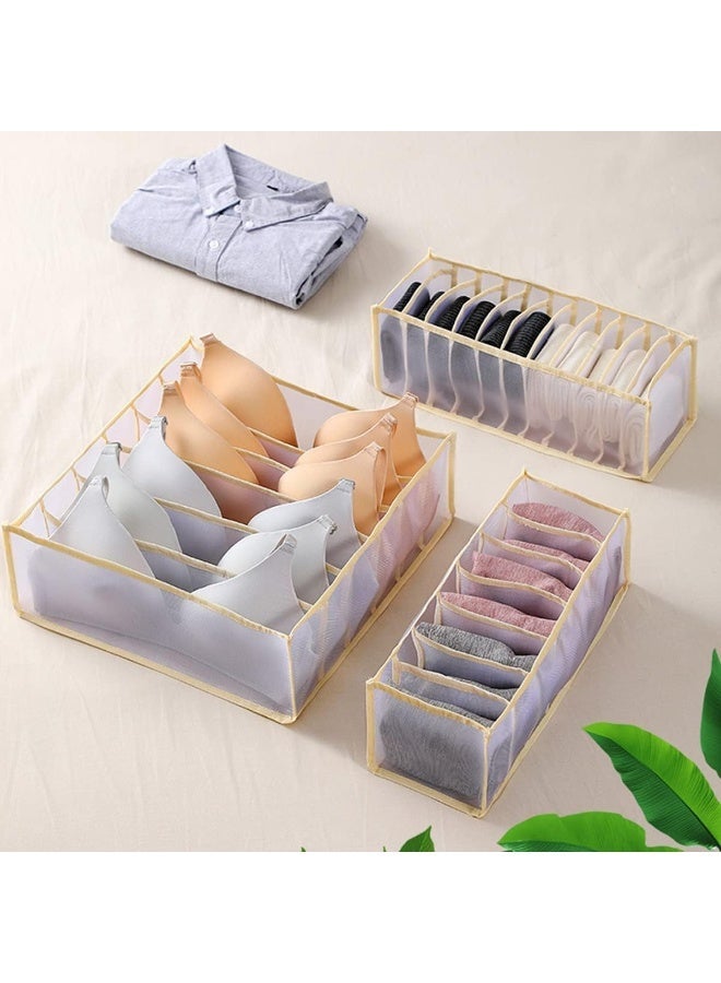 ECVV 3 Pieces Wardrobe Clothes Organizer, Mesh Clothes Storage Organizer For Jeans Pants Bra Underwear Socks, Foldable Drawer Organizers For Clothing Beige - Image 1