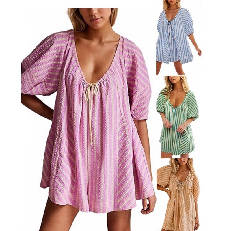 2025 Explosions Summer Short-Sleeved Striped Even Shirt Slimming Casual Loose Deep V Wide Leg Short Pants - Image 2