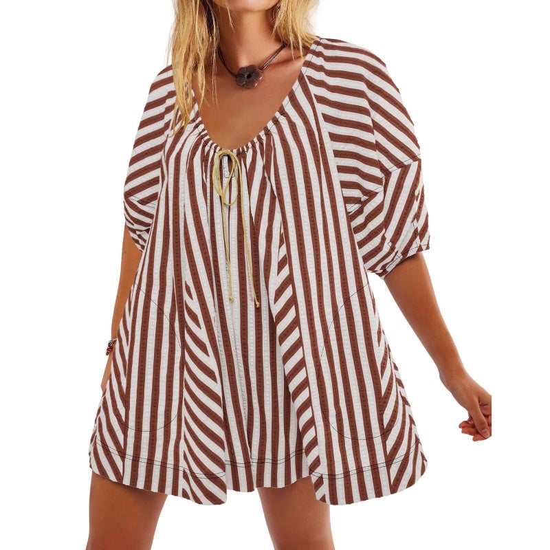 2025 Explosions Summer Short-Sleeved Striped Even Shirt Slimming Casual Loose Deep V Wide Leg Short Pants - Image 1