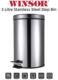 Winsor Winsor Stainless Steel Pedal Dustbin with Removable Inner Bucket - Trash Can Round Shape Dustbin for Bathroom, Home, Kitchen, washrooms, Room and Office 5 ltr  - Image 2