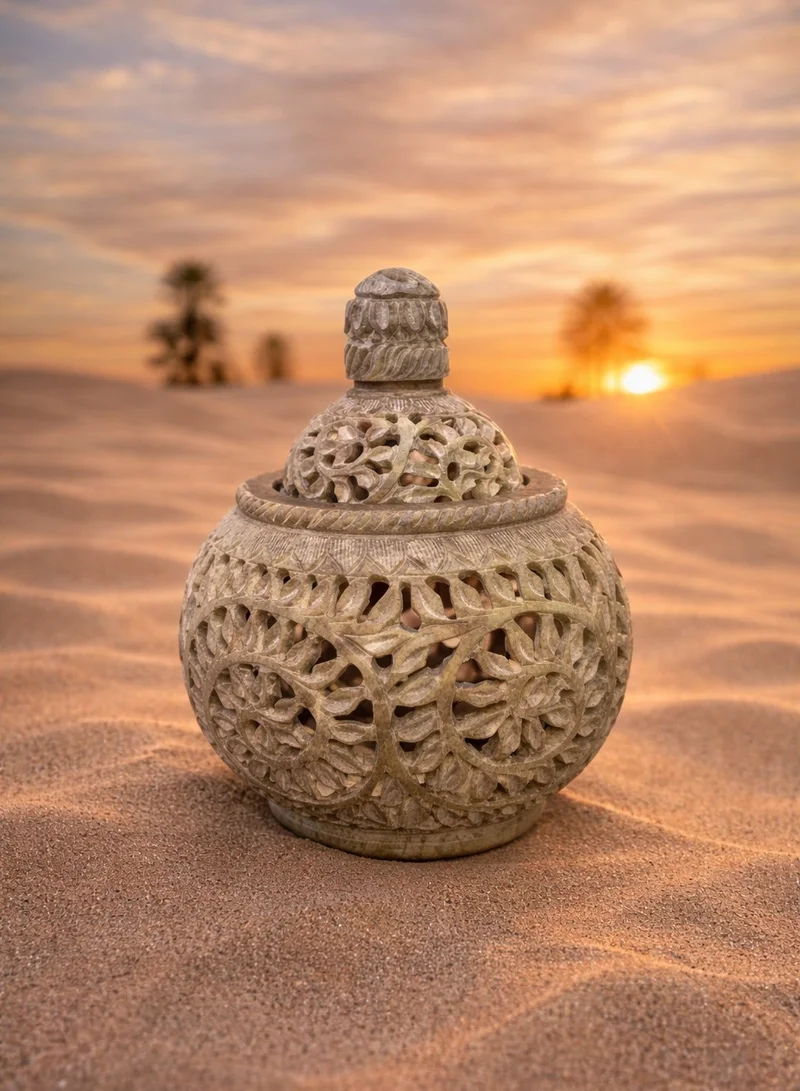 تحفة لوكس مبخرة وفواحة زيت عطري فاخرة من الرخام المنحوت يدويًا من تحفة - 15 سم × 19 سم، رخام نقي مع إكسسوارات نحاسية، صندوق هدايا فاخر، ديكور منزلي حرفي مستوحى من الإمارات العربية المتحدة