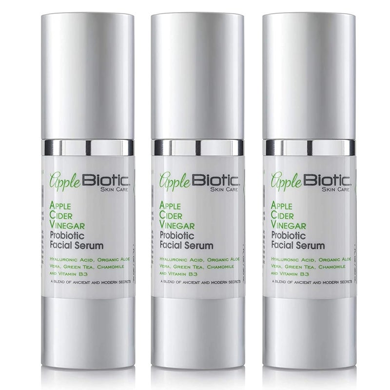 AppleBiotic Apple Cider Vinegar Facial Serum with Hyaluronic Acid for All Skin Types, Moisturizing, Antioxidant, Day and Night Face Hydration (1 Oz) - 3 Pack