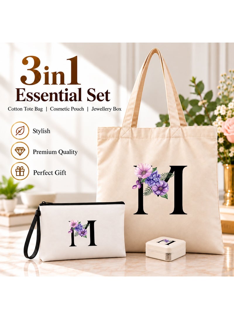 برينت شوب فور مي مجموعة هدايا (حرف مزين بالزهور): حقيبة تسوق (Tote Bag) + حقيبة صغيرة (Pouch) + علبة مجوهرات (3 في 1) - Image 2