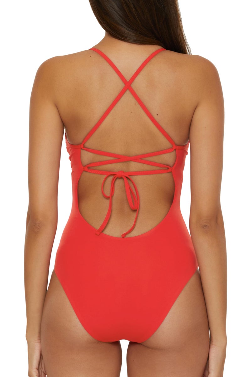 Becca Delilah - Women's Crochet Trim One Piece Swimsuit, Plunge Neck, Bathing Suits for Women, Fire, Medium - Image 4