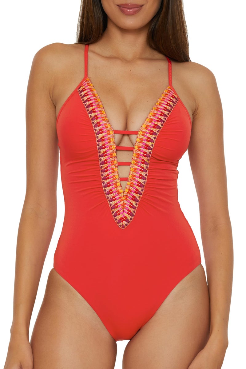 Becca Delilah - Women's Crochet Trim One Piece Swimsuit, Plunge Neck, Bathing Suits for Women, Fire, Medium - Image 1