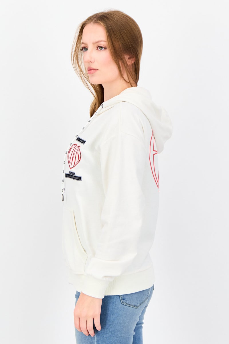 ELVIS Women Embroidered Logo Long Sleeve Hoodie, Cream - Image 4