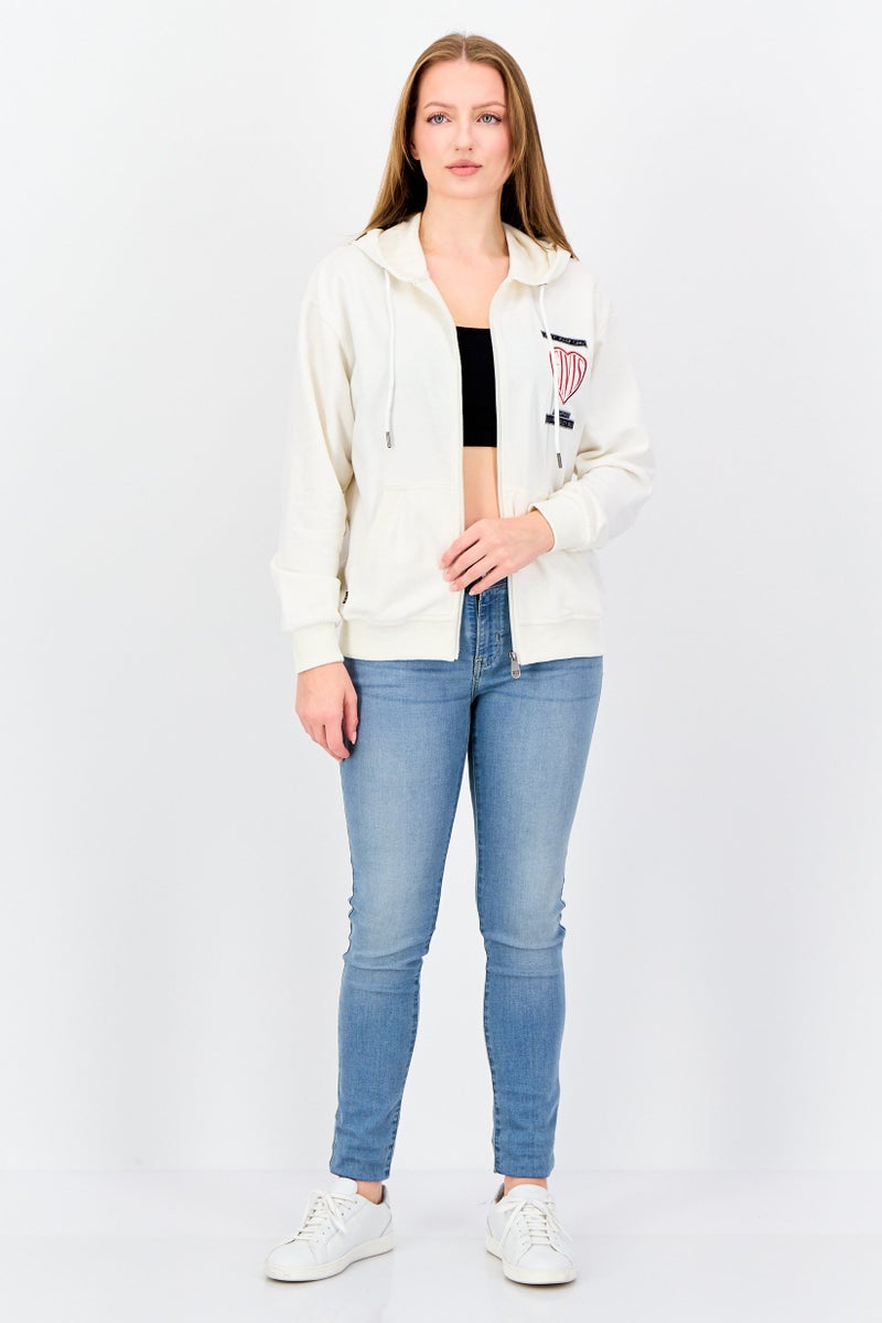 ELVIS Women Embroidered Logo Long Sleeve Hoodie, Cream - Image 2