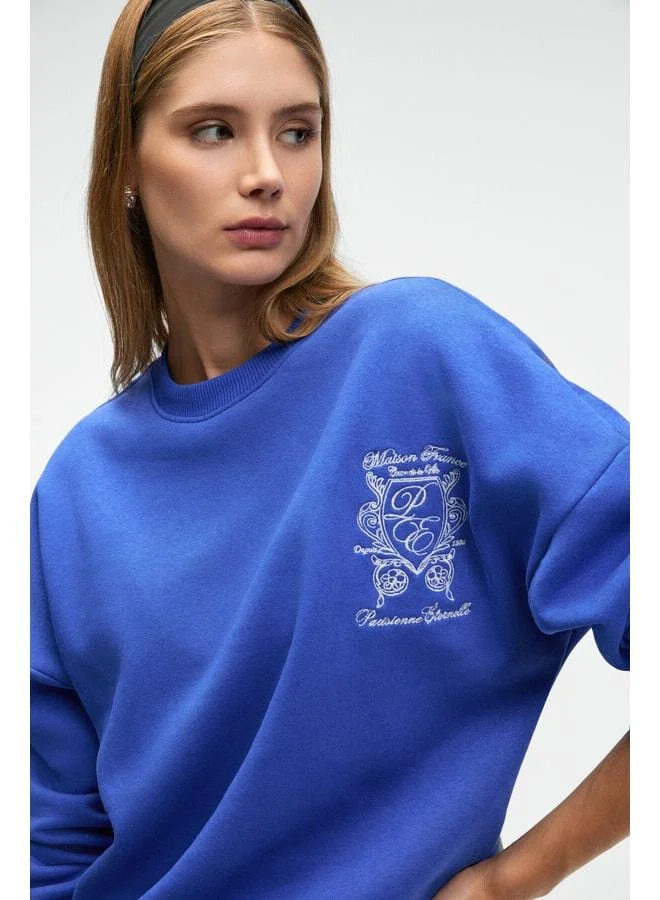 GRIMELANGE AUDRA Women's Oversized Round Neck Sweatshirt with Embroidery Details in Blue.