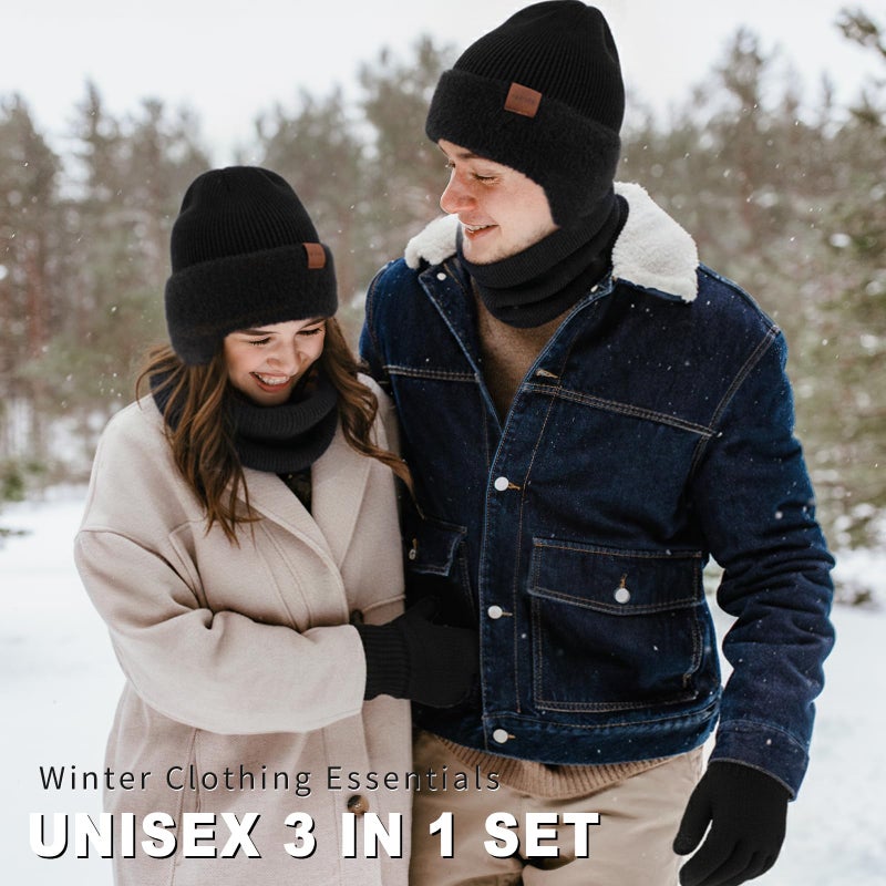 Sofier Winter Hat Fleece Lined Beanie with Earflap Neck Warmer Scarf Touchscreen Gloves Warm Knit Set for Men Women - Image 2