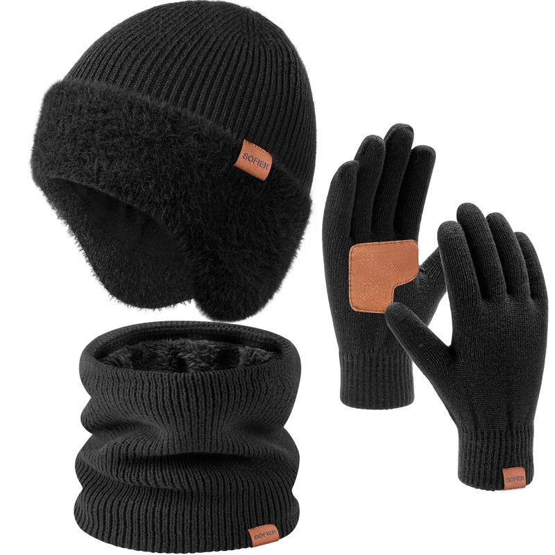 Sofier Winter Hat Fleece Lined Beanie with Earflap Neck Warmer Scarf Touchscreen Gloves Warm Knit Set for Men Women - Image 1