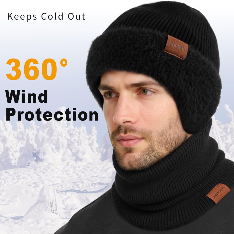 Sofier Winter Hat Fleece Lined Beanie with Earflap Neck Warmer Scarf Touchscreen Gloves Warm Knit Set for Men Women - Image 3