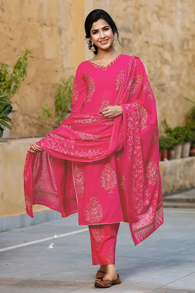 Pink Cotton Straight 3-Piece Kurta 3-Piece Kurta Set