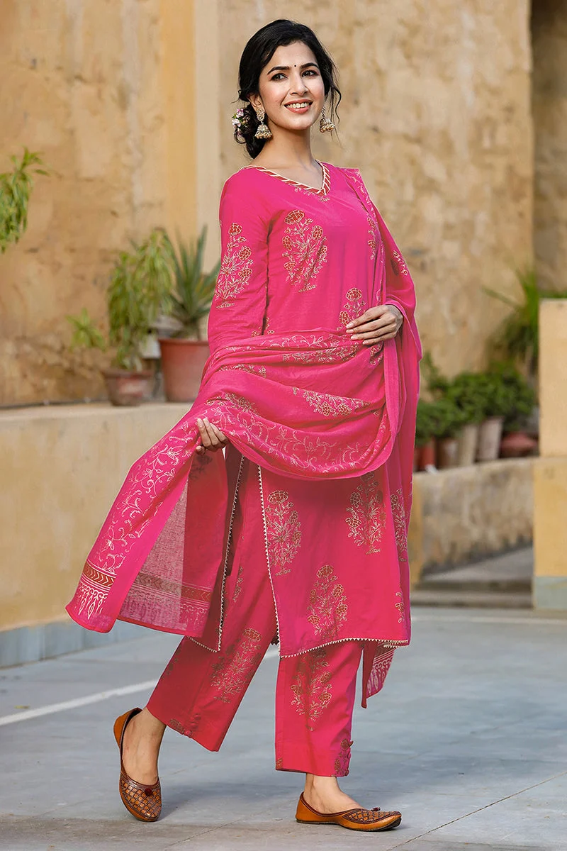 ZERESOUQ Pink Cotton Straight 3-Piece Kurta 3-Piece Kurta Set