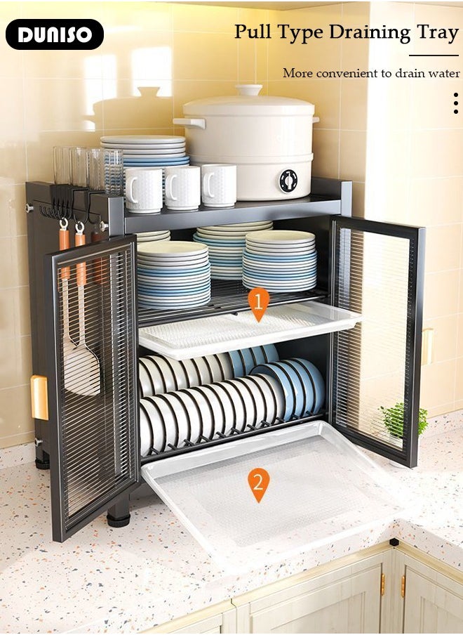 DUNISO Kitchen Countertop 2 Layer Carbon Steel Dish Drying Rack Dual Door Cabinet Layer Shelf Storage Detachable Drainer Tray Accessories Organizer Shelves for Bowls Plates Utensils Cutlery Spoon Fork Knife  - Image 5
