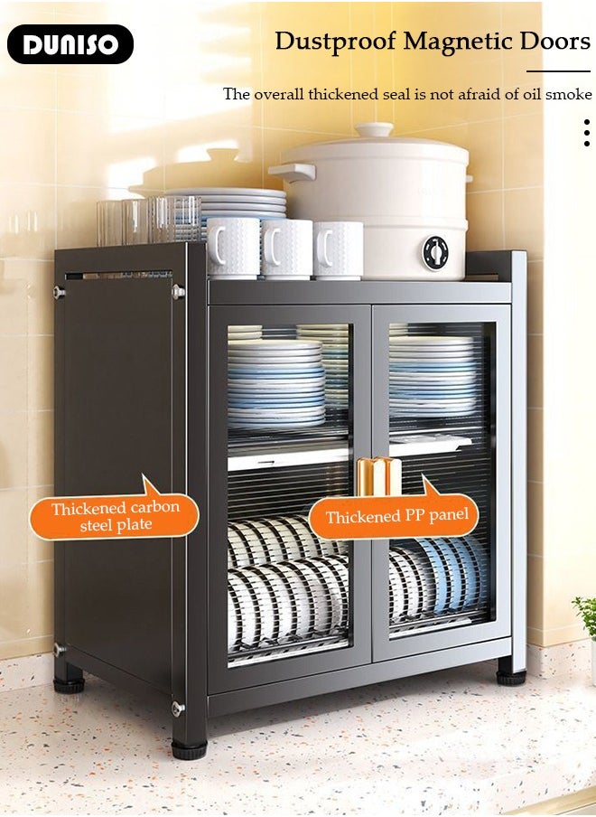 DUNISO Kitchen Countertop 2 Layer Carbon Steel Dish Drying Rack Dual Door Cabinet Layer Shelf Storage Detachable Drainer Tray Accessories Organizer Shelves for Bowls Plates Utensils Cutlery Spoon Fork Knife  - Image 3