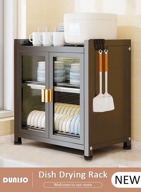 Kitchen Countertop 2 Layer Carbon Steel Dish Drying Rack Dual Door Cabinet Layer Shelf Storage Detachable Drainer Tray Accessories Organizer Shelves for Bowls Plates Utensils Cutlery Spoon Fork Knife