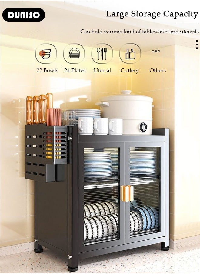DUNISO Kitchen Countertop 2 Layer Carbon Steel Dish Drying Rack Dual Door Cabinet Layer Shelf Storage Detachable Drainer Tray Accessories Organizer Shelves for Bowls Plates Utensils Cutlery Spoon Fork Knife  - Image 2