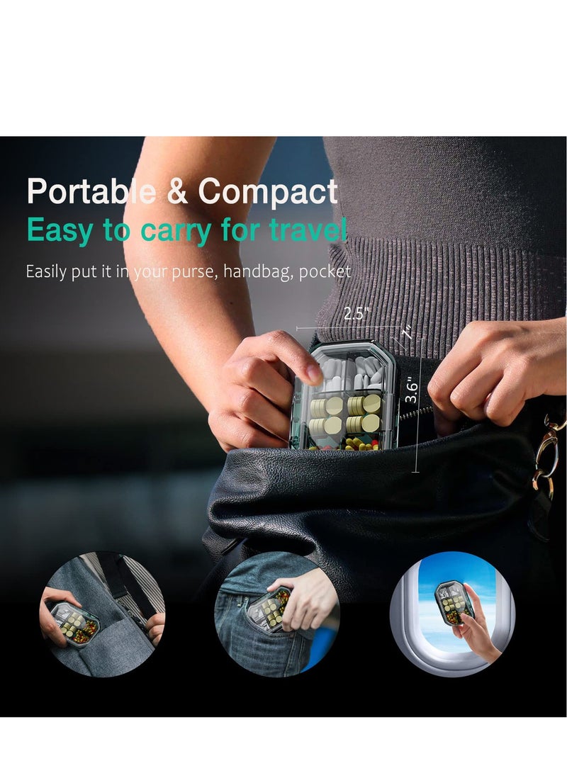 SYOSI علبة حبوب سفر مكونة من قطعتين، 10 مقصورات، منظم حبوب سفر صغير محمول لمدة 7 أيام أسبوعيًا، علبة حبوب جيب محمولة، حامل حبوب للسفر (أخضر ورمادي) - Image 3
