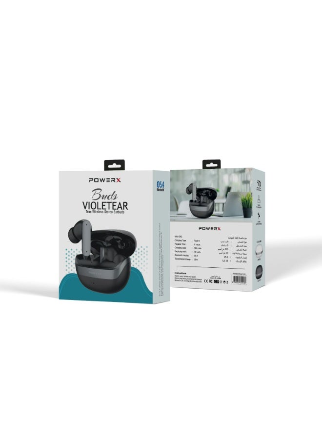 سماعة PowerX Buds VIOLETEAR ستيريو لاسلكية حقيقية. تتميز هذه السماعات بتقنية بلوتوث الإصدار 5.4، وتقنية إلغاء الضوضاء البيئية (ENC)، ​​ومنفذ شحن من النوع C