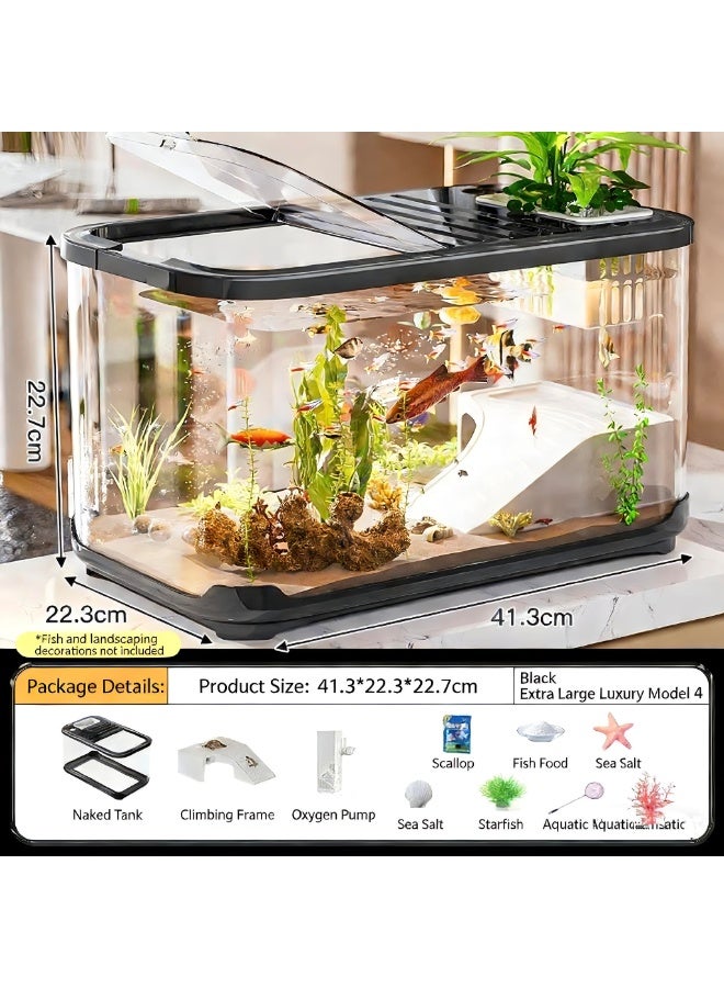 حوض سمك، طقم حوض سمك صغير مع مصباح عشب مائي وفلتر مضخة أكسجين للمبتدئين، حوض سمك بلاستيكي شفاف لأسماك البيتا والأسماك الذهبية والسلاحف - Image 1