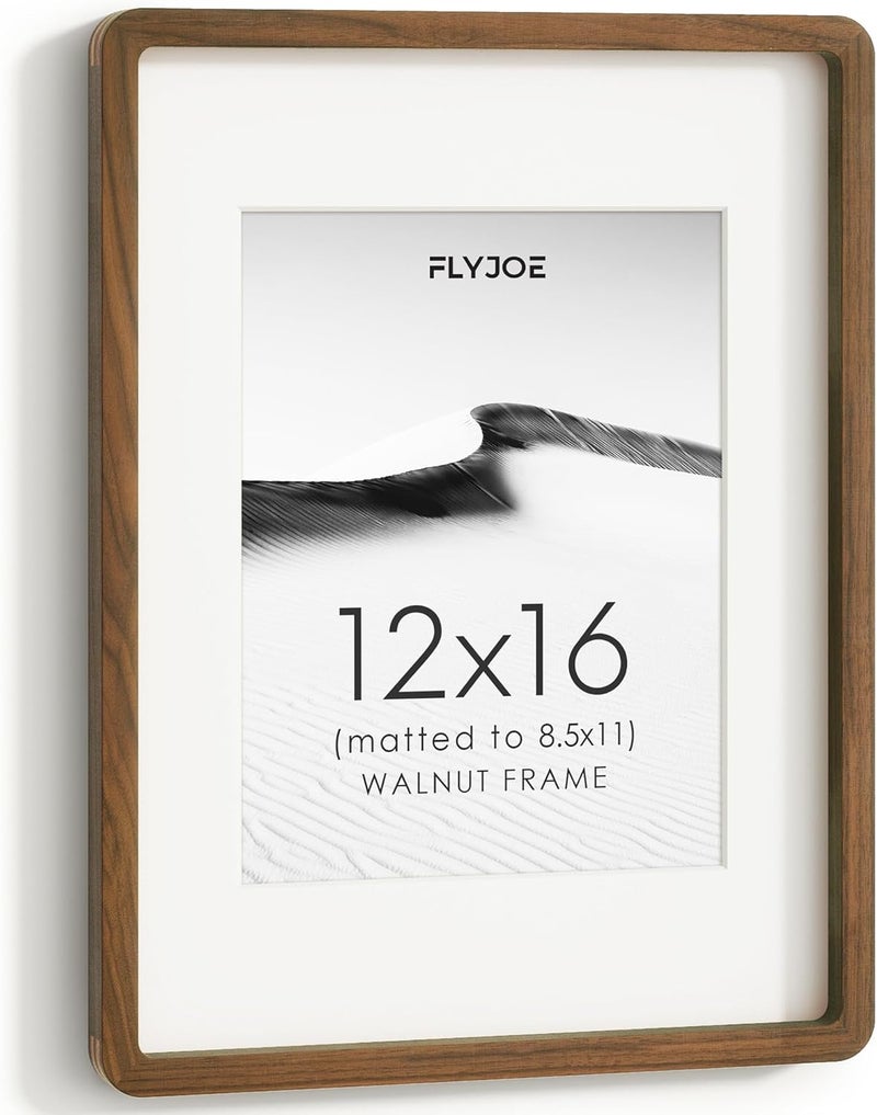 FLYJOE 12x16 Picture Frame, Natural Solid Walnut Wood Photo Frame with HD Tempered Glass, Handcrafted Wooden Frame 12 x 16 Matted to 8.5x11, Gallery Wall Frames for Art, Wall or Tabletop Display - Image 1