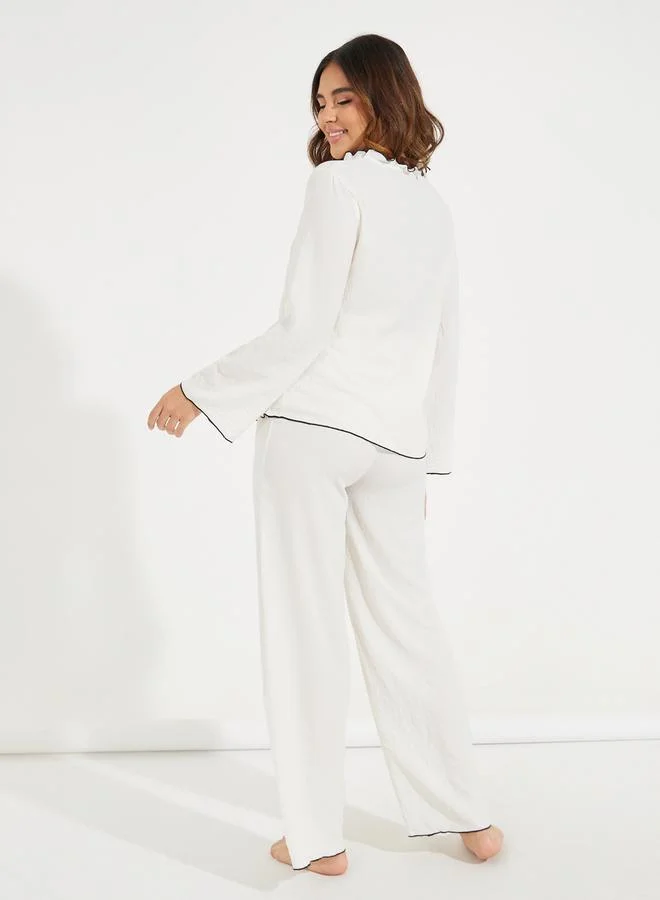 Styli Ruffle Contrast Edge Textured Shirt & Pyjama Set