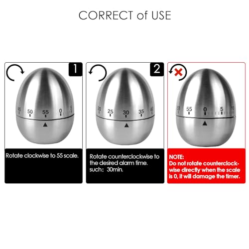 Jayron JR-WG015 Egg Kitchen Timer Stainless Steel Mechanical Rotating Alarm 60 Minutes Count Down Timer for Cooking Learning - Image 3