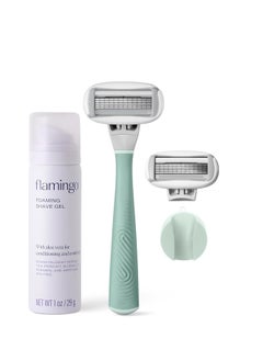 FLAMINGO Flamingo Razors for Women Shave Set, 1 Women's Razor Handle (Sage), 2 Razor Five-Blade Refills, 1 oz. Foaming Shave Gel, and 1 Shower Holder  - Image 1