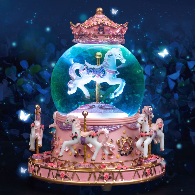 DANVON Gift Wrapped Carousel Horse Unicorn Toy Music Box Snow Globe Color Changing LED Lights for Women Kids Baby Girls Mom Daughter Granddaughter Christmas Birthday  Valentines Day Gift Pink