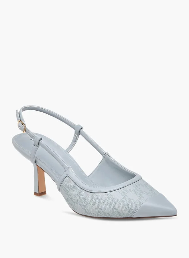 ايل حذاء نسائي بحزام وكعب رفيع وإبزيم بطبعة شعار