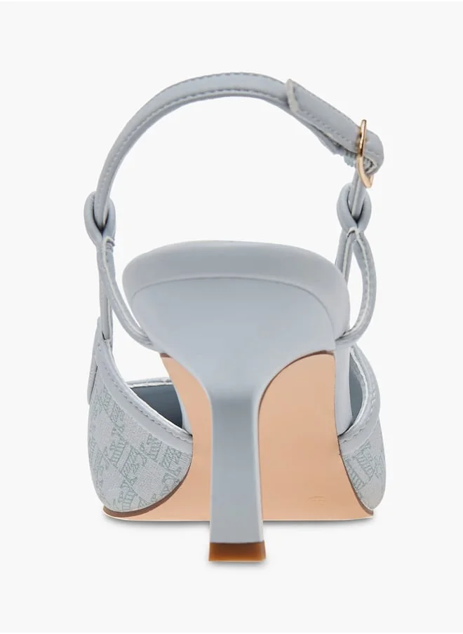 ايل Women's Monogram Print Slingback Shoes with Buckle Closure and Kitten Heels