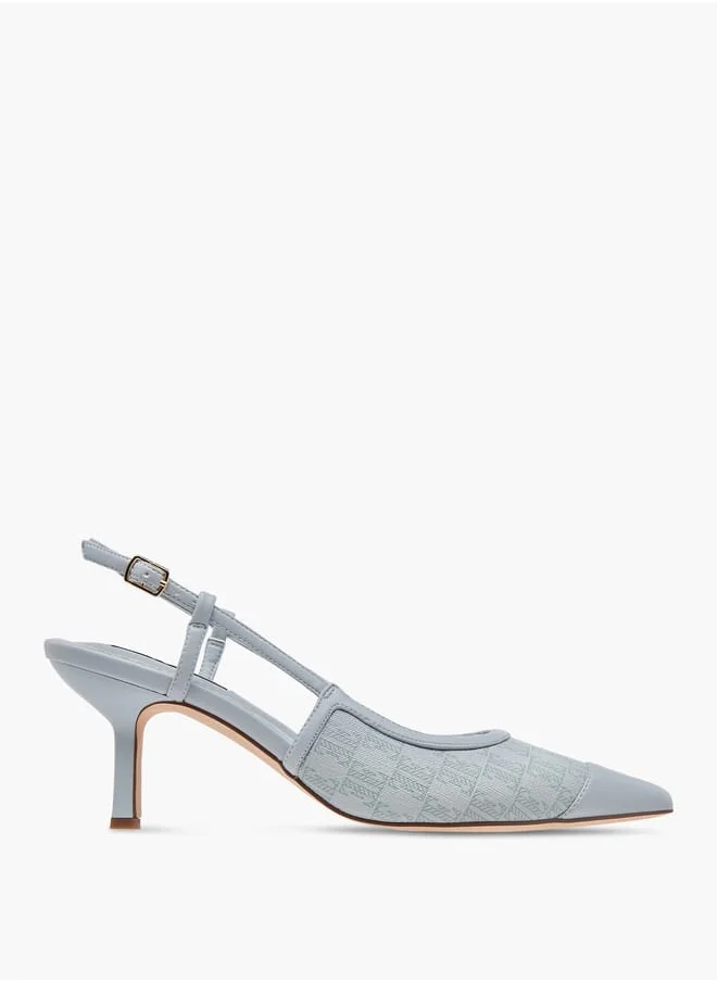 ايل Women's Monogram Print Slingback Shoes with Buckle Closure and Kitten Heels