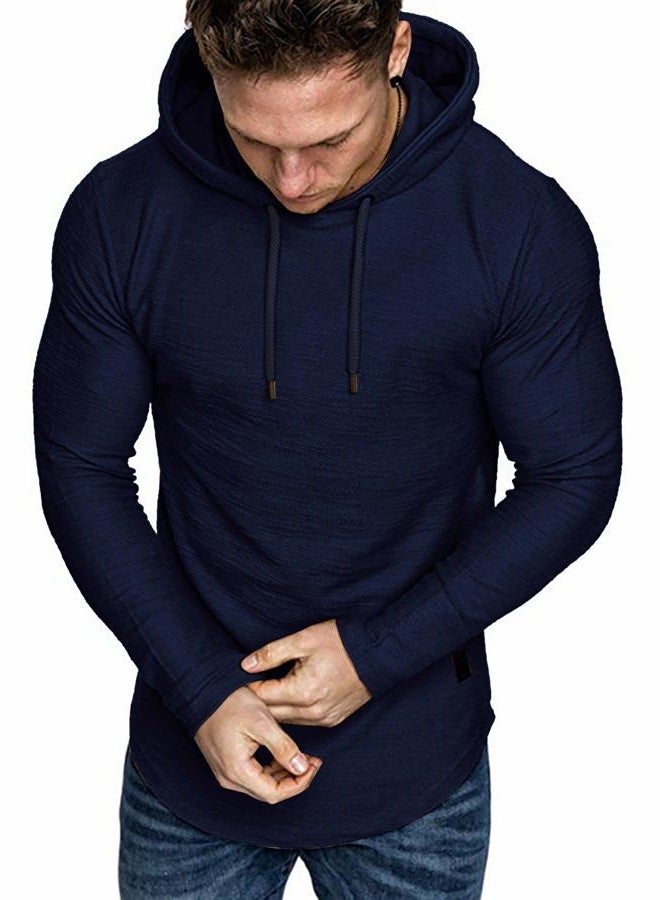 lexiart Mens Fashion Athletic Hoodies Sport Sweatshirt Solid Color Fleece Pullover Navy - Image 2