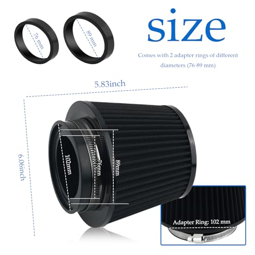 CXCCOI Cold Air Intake Filter with 76,89,102mm Adapter Ring,Round Cone Air Filter for Enhanced Engine Power,High-Performance Cold Air Intake Kit for Most Vehicles - Image 2