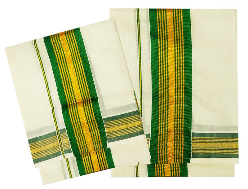 YETTALAN® Women's Kerala Traditional Cotton Set Mundu Cream Color with Fancy Border (GREEN) - Image 2
