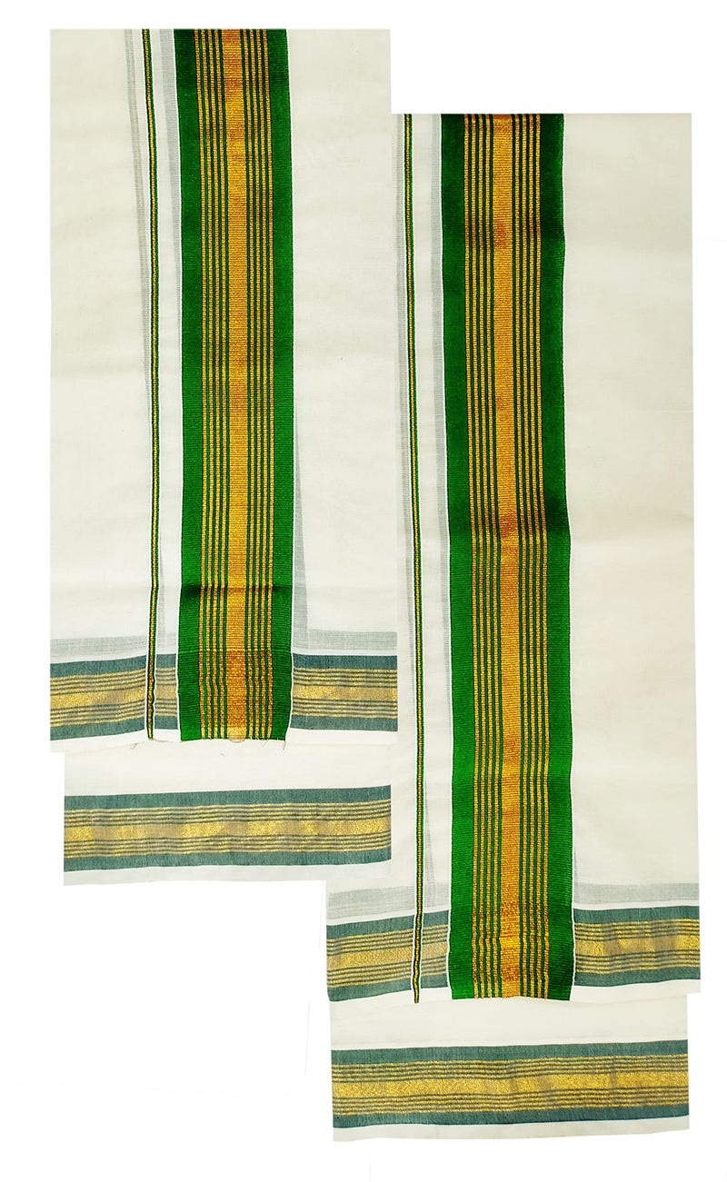 YETTALAN® Women's Kerala Traditional Cotton Set Mundu Cream Color with Fancy Border (GREEN) - Image 4