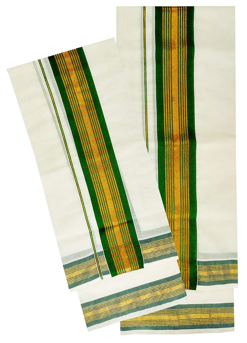 YETTALAN® Women's Kerala Traditional Cotton Set Mundu Cream Color with Fancy Border (GREEN) - Image 5