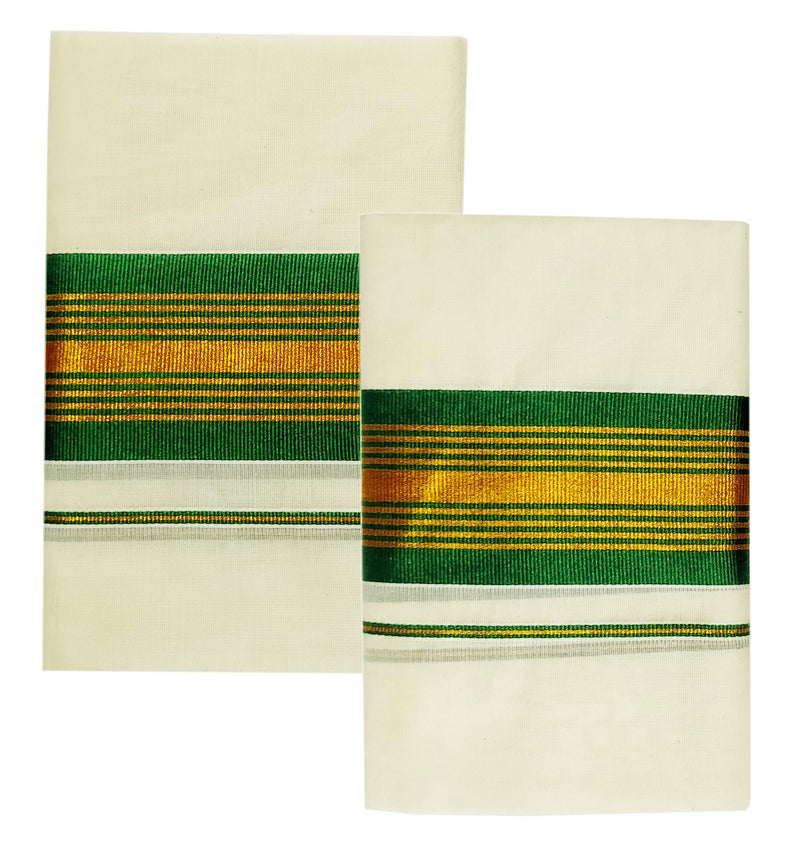 YETTALAN® Women's Kerala Traditional Cotton Set Mundu Cream Color with Fancy Border (GREEN) - Image 3