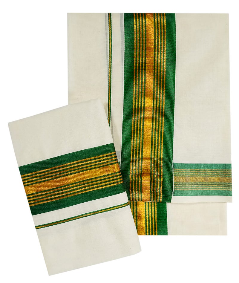 YETTALAN® Women's Kerala Traditional Cotton Set Mundu Cream Color with Fancy Border (GREEN) - Image 1