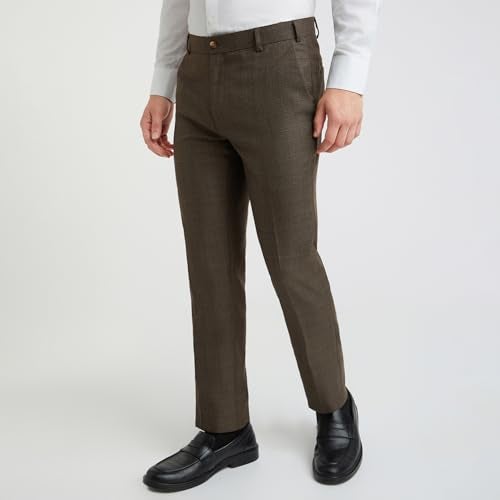 Raymond Men Slim Fit Checks Pattern Poly Viscose Blend Flat Front Formal Trouser (Size: 32)-RMTS05539-O7 Dark Brown - Image 3